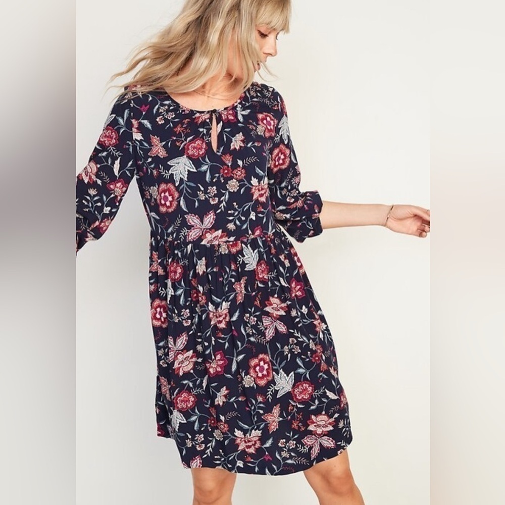 Old Navy Swing Dress Womens Small Blue Floral Soft Woven Keyhole Cottage Prairie